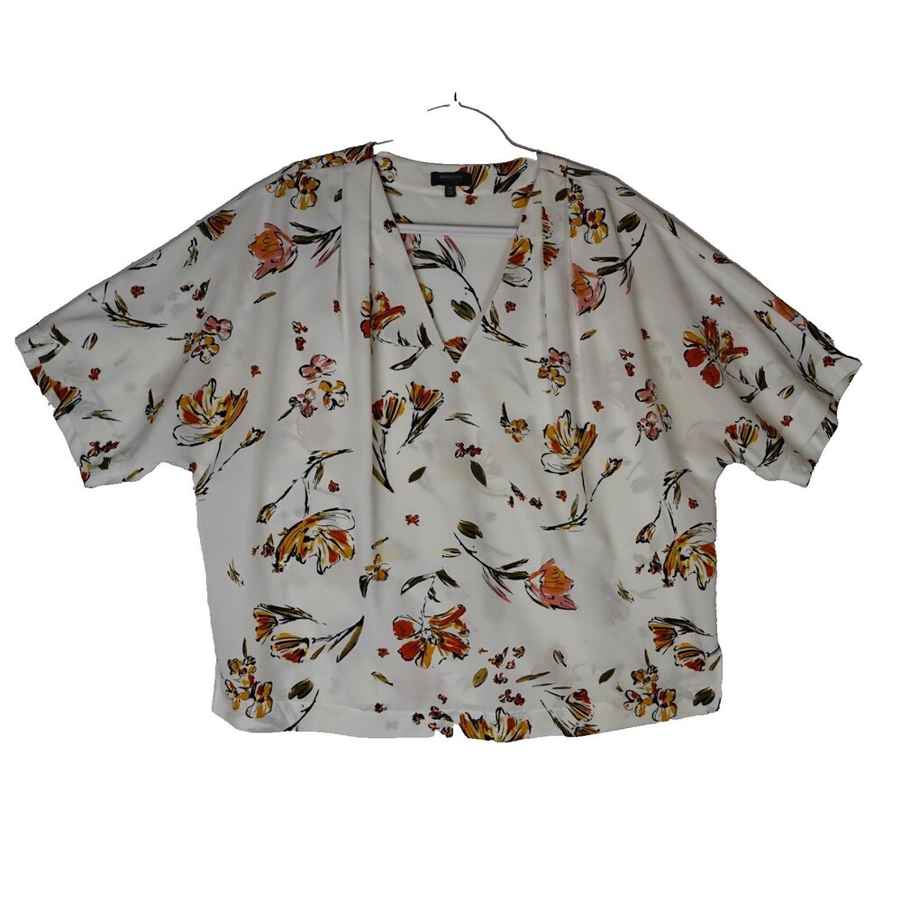 Madison Curvy Blouse 1X White Yellow Floral V-Neck Plus Size Fall Kimono Top